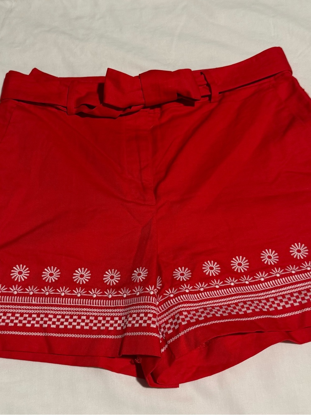 Ann Taylor Red Embroidered Belted Shorts